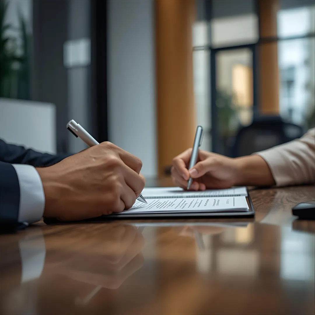 Divórcio em 2025 no cartório Casal assinando documentos de divórcio em cartório, com anéis de casamento e balança da justiça sobre a mesa.