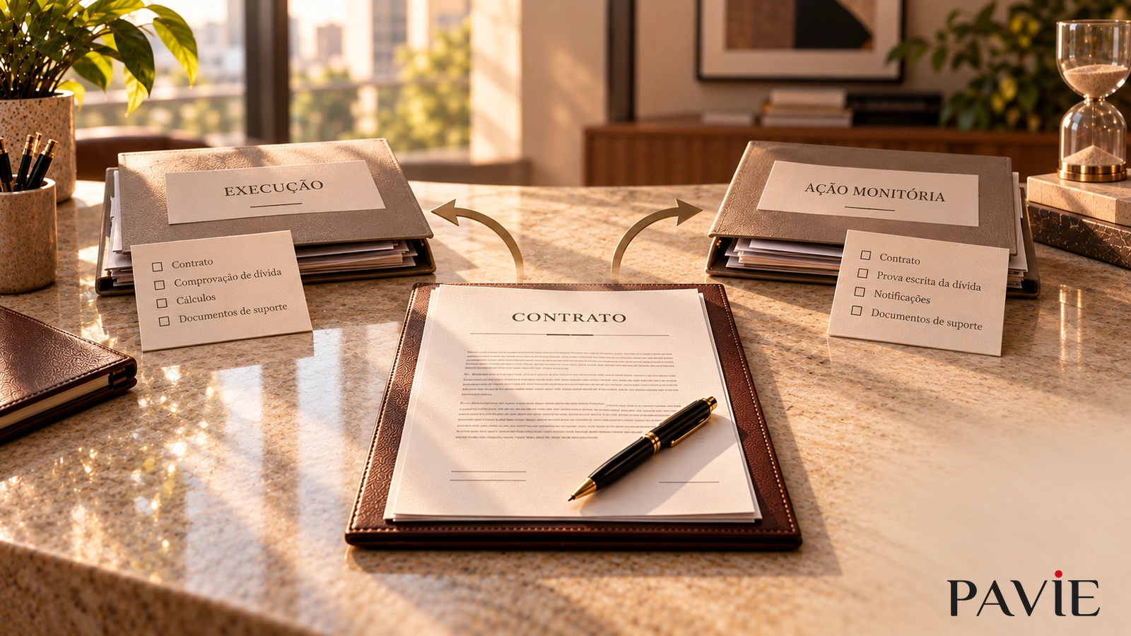 Contrato central entre duas pastas processuais, sugerindo escolha entre execução e ação monitória.