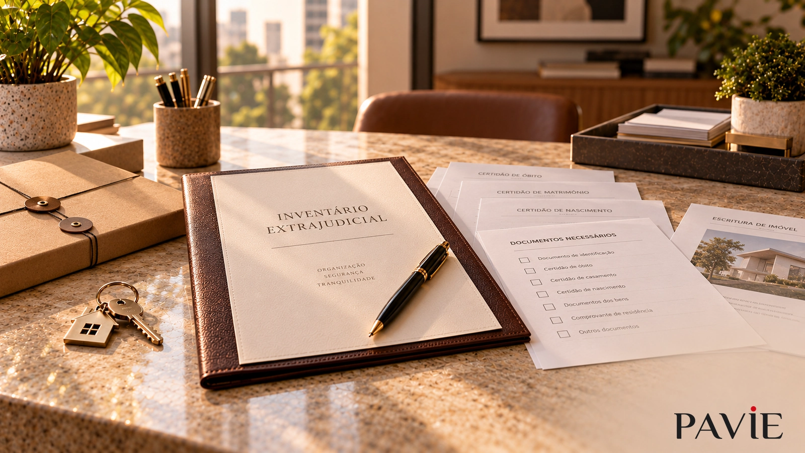 Certidões, documentos de imóvel, caneta e chave organizados sobre mesa, sugerindo preparação de inventário extrajudicial.