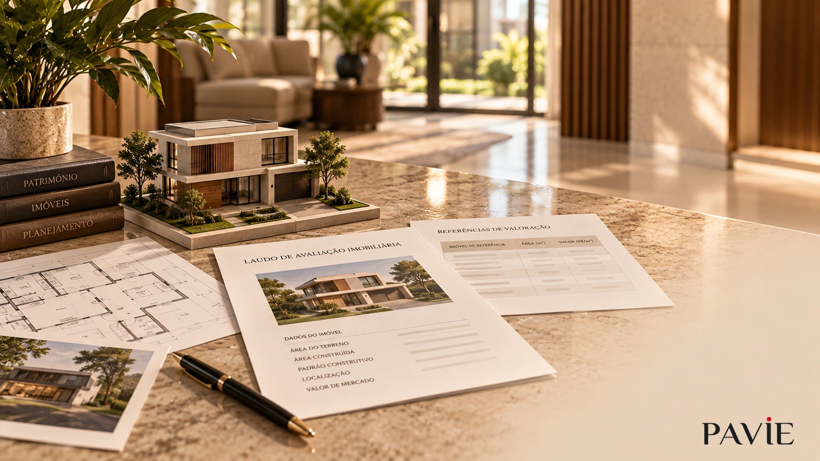 Maquete de imóvel ao lado de planta e relatório fictício de avaliação patrimonial.