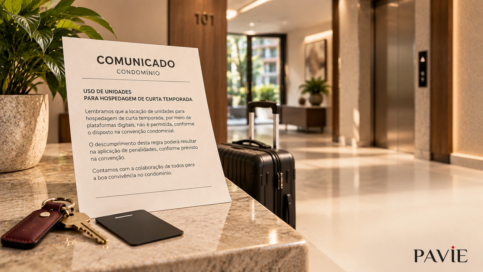 Notificação condominial fictícia ao lado de chave e pequena mala em ambiente residencial.